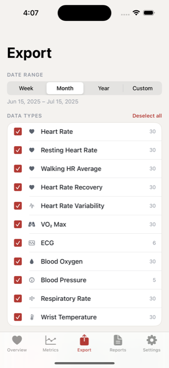 Heart Data Exporter Export screen with a date range, a checklist of heart data types with record counts, and export format options.