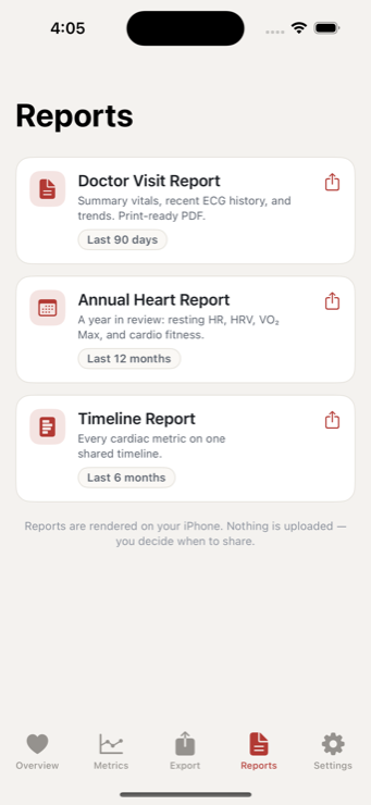 Heart Data Exporter Reports screen offering a Doctor Visit report, an Annual Heart report, and a Timeline report as print-ready PDFs.